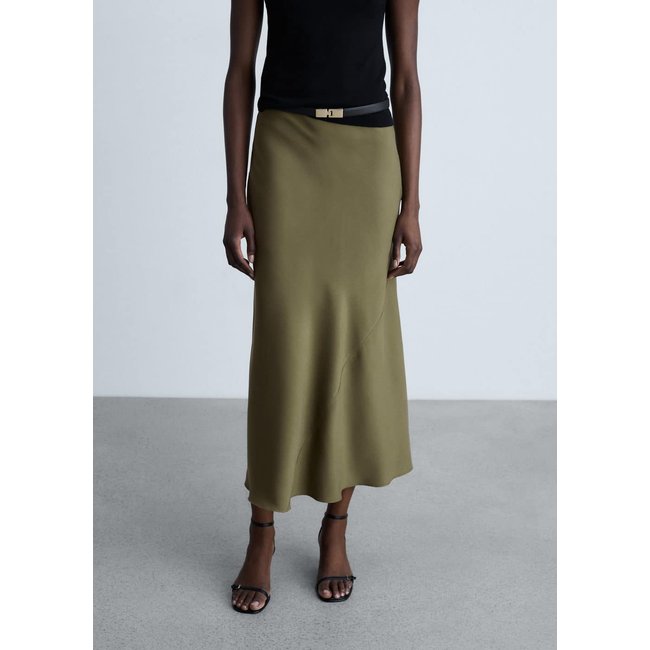 Jupe midi satinée kaki <span itemprop=