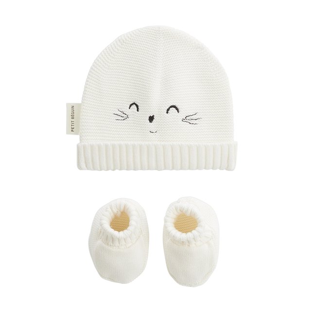 Bonnet bébé et chaussons en tricot Hello Baby ecru <span itemprop=