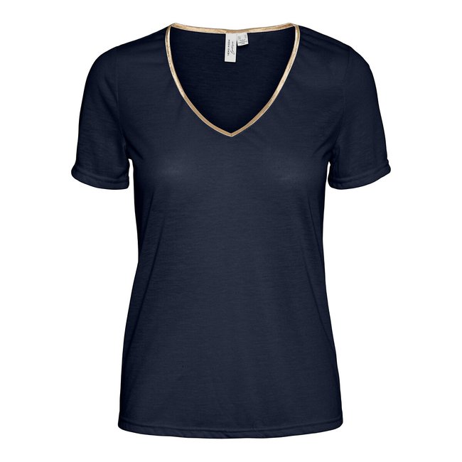 T-shirt com decote em V, risca dourada marinho <span itemprop=