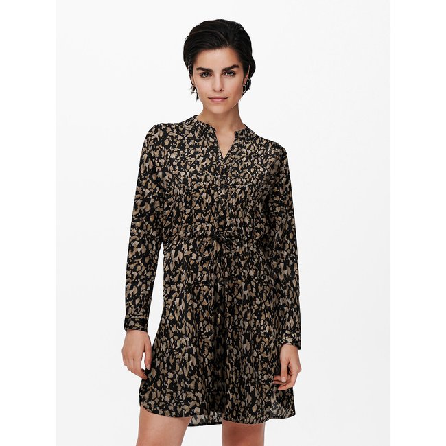 Kurzes Kleid mit Henley-Ausschnitt, bedruckt schwarz/beige <span itemprop=