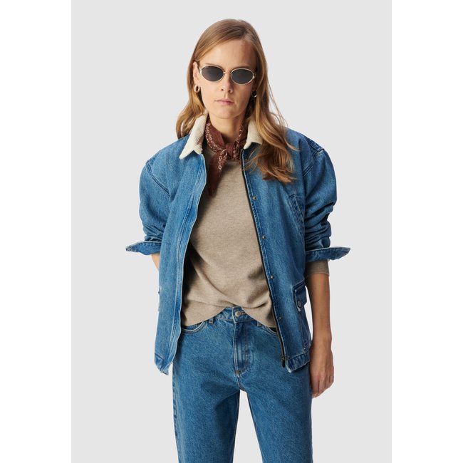 Veste en jean col  velours turquoise <span itemprop=