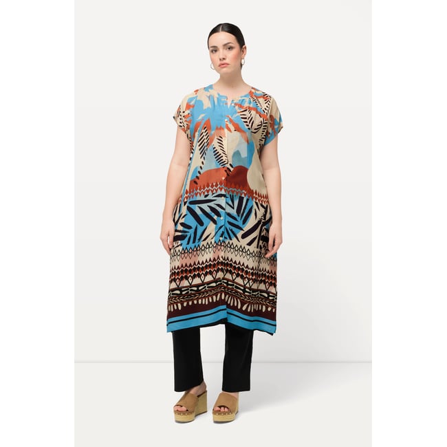 Blouse longue oversized à motif palmiers beige clair <span itemprop=