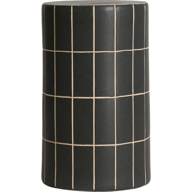 Bout de canapé cylindrique céramique tank Couleur noir mat avec lignes contrastées <span itemprop=