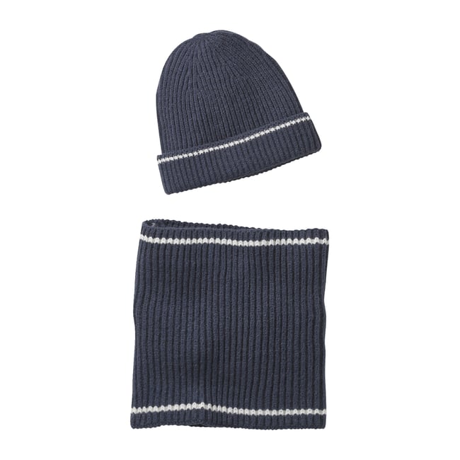 Lot bonnet et snood en maille côtelée marine <span itemprop=