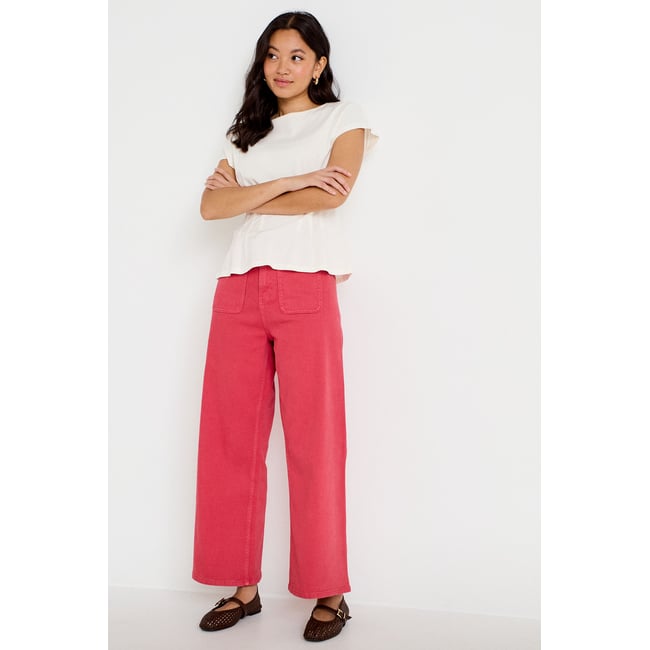 Jean wide leg cropped taille haute rose framboise <span itemprop=