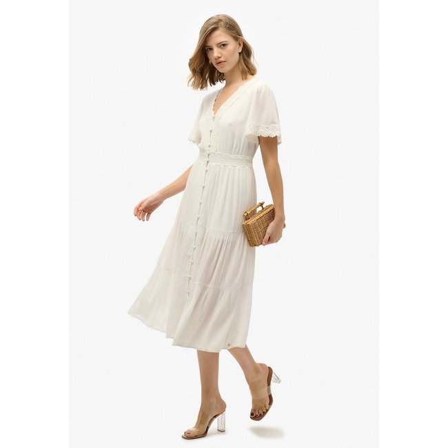 Ibiza Mid-Length Dress with Short Sleeves, ecru, SUPERDRY