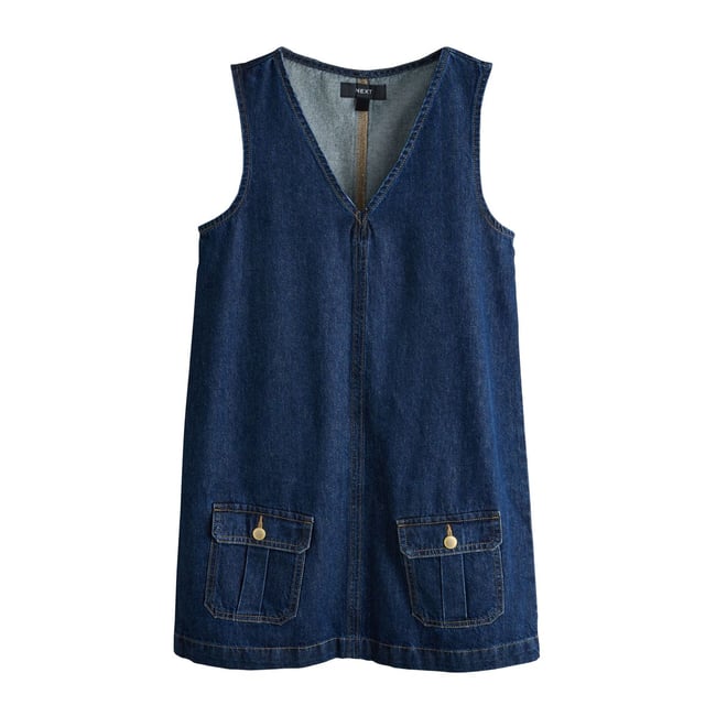 Robe chasuble courte en jean bleu foncé <span itemprop=