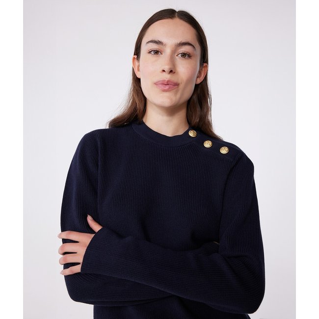 Jersey marinero liso de algodón para mujer azul marino <span itemprop=
