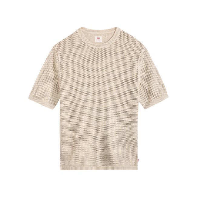 T-shirt en coton écru uni avec une coupe droite et un col rond bord côte beige <span itemprop=