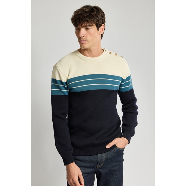 Pull marin bloc color - laine navire/ nature/ teal <span itemprop=