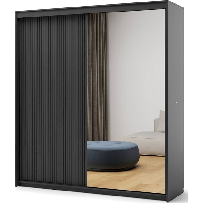 Armoire coulissante à miroir et éclairage LED Couleur noir <span itemprop=