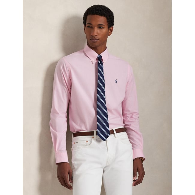 Chemise Custom Fit en popeline stretch rose/blanc <span itemprop=