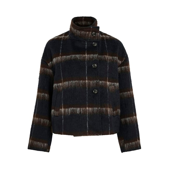 Manteau court à carreaux, col montant carreaux marine <span itemprop=