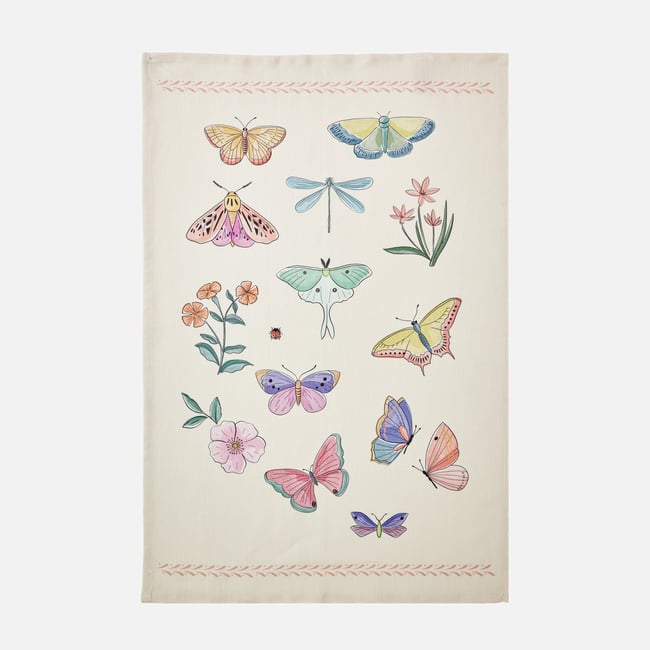 Torchon imprimé en coton et lin LES PAPILLONS blanc <span itemprop=