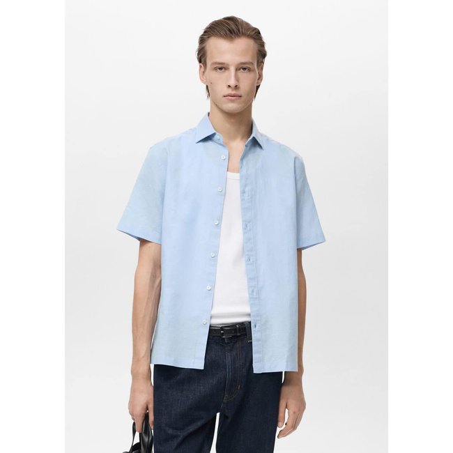 Chemise lin manches courtes bleu <span itemprop=