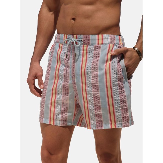 Short de bain rayé en seersucker 5 pouces Signature multi-couleurs <span itemprop=