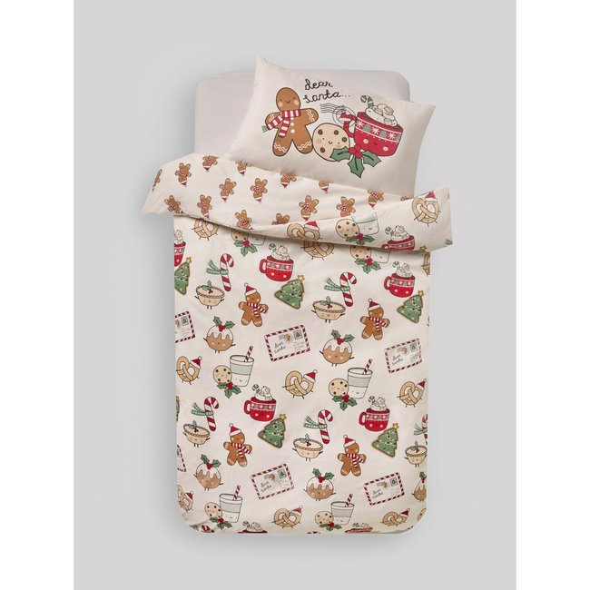 Housse couette/taie oreiller à motif de noël pain d'épices écru <span itemprop=