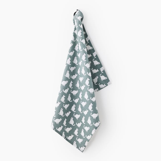 Torchon print gros chat, 50x70cm, coton algue <span itemprop=