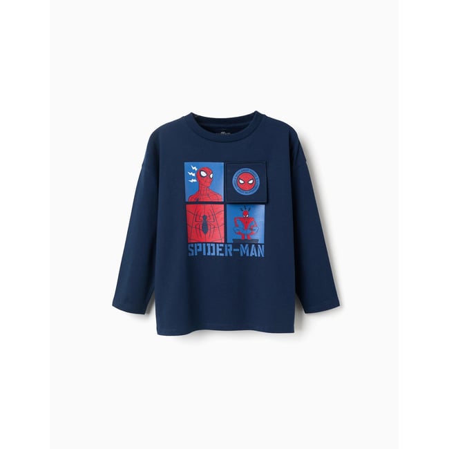 T-shirt en coton à manches longues et imprimé Spider-Man bleu foncé <span itemprop=