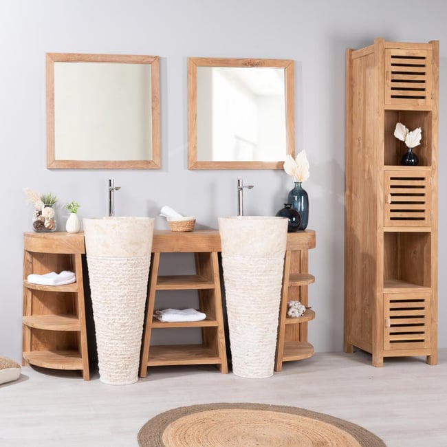 Meuble double + vasques en teck rectangle de 180cm FLORENCE Couleur crème <span itemprop=