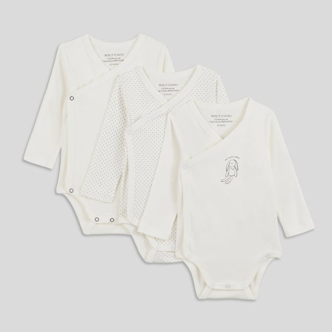 Lot de 3 bodies manches longues croisés en coton BIO, certifié GOTS et OEKO TEX blanc <span itemprop=