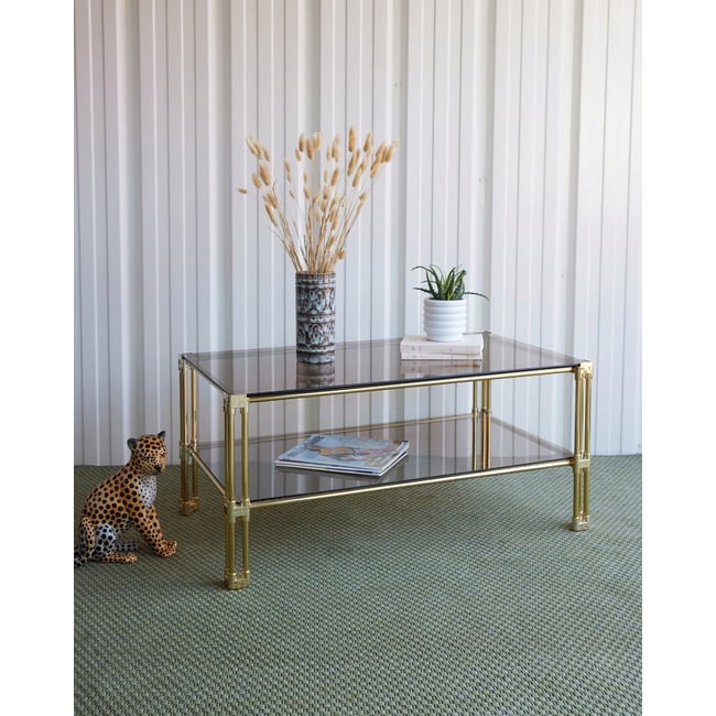 Table basse Hollywood Regency en verre fumé Donna N°1589 - Bon état Couleur fumé <span itemprop=