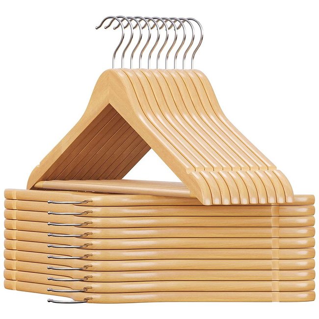 Lot de 20 cintres en bois d'eucalyptus avec encoches d'épaule, barre de pantalon et crochet pivotant -L44,5 x H23 cm Couleur bois clair <span itemprop=