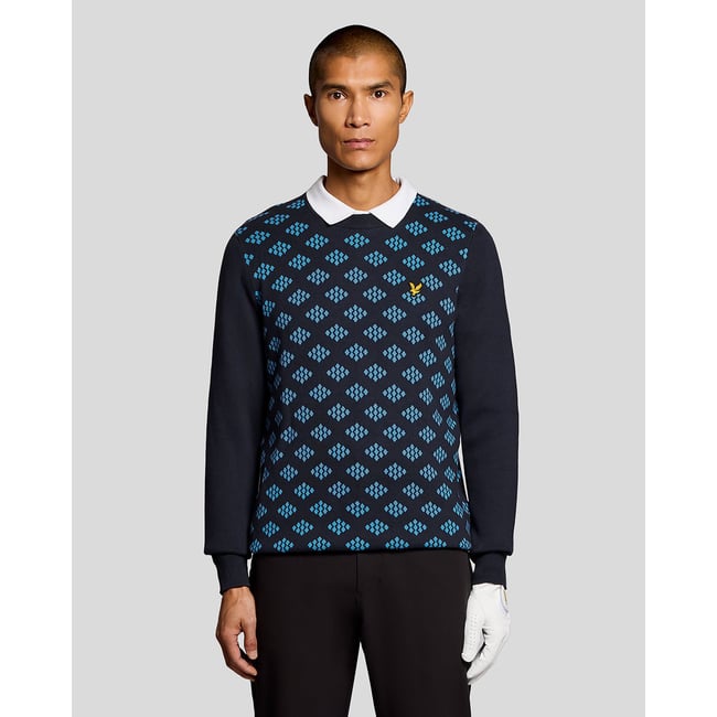 Pull en coton col rond à losanges bleu foncé marine <span itemprop=