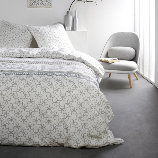 Parure de lit coton 2 personnes imprimé floral SUNSHINE blanc <span itemprop=
