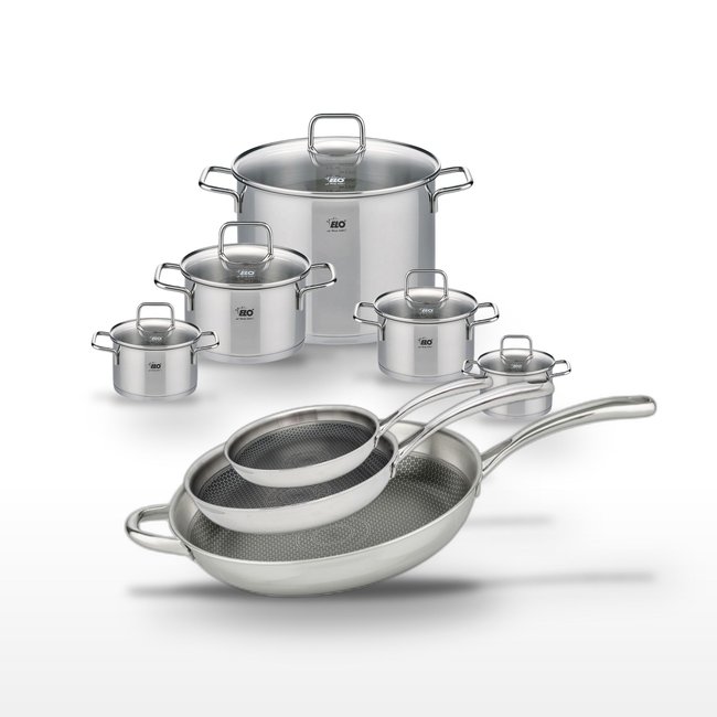Batterie 3 poêles 24/28/32cm + 5 faitouts RELIEF EVOLUTION inox <span itemprop=
