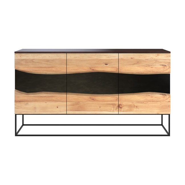 Buffet 3 portes en bois d'acacia et métal - ALABAMA Couleur bois foncé et noir <span itemprop=