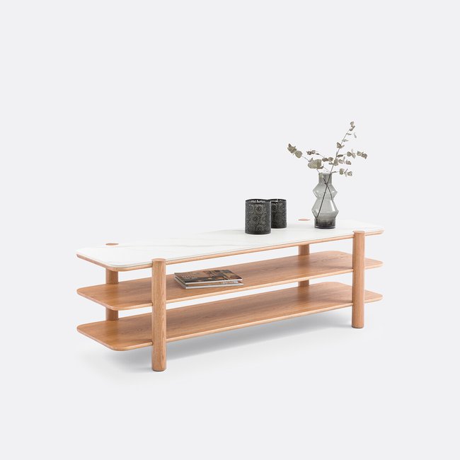 Meuble TV plaqué chêne et marbre reconstitué Ambre Couleur marbre <span itemprop=
