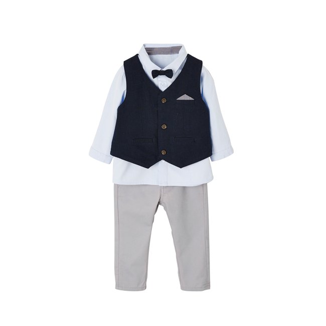 Ensemble  cérémonie gilet + chemise + noeud papillon + pantalon encre <span itemprop=
