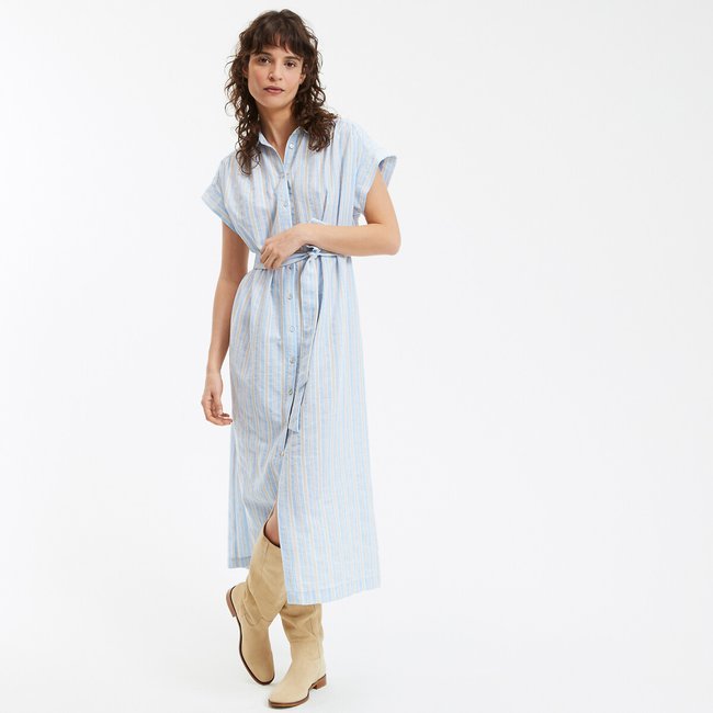 Vestido camisero largo de lino a rayas, manga corta rayas azules <span itemprop=