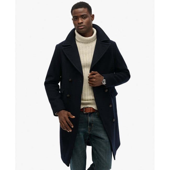 Manteau Long en Laine Mélangée - The Merchant Store bleu marine éclipse <span itemprop=