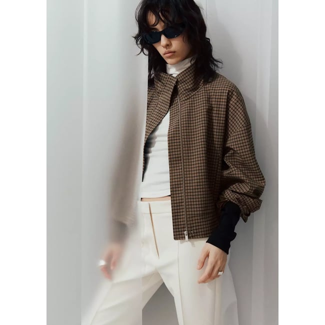 Veste à carreaux à col cheminée marron <span itemprop=