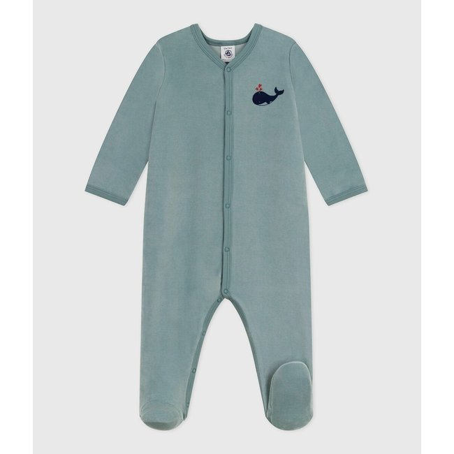 Pigiama da neonato in velluto tinta unita, cuoricini sul petto - PETIT BATEAU