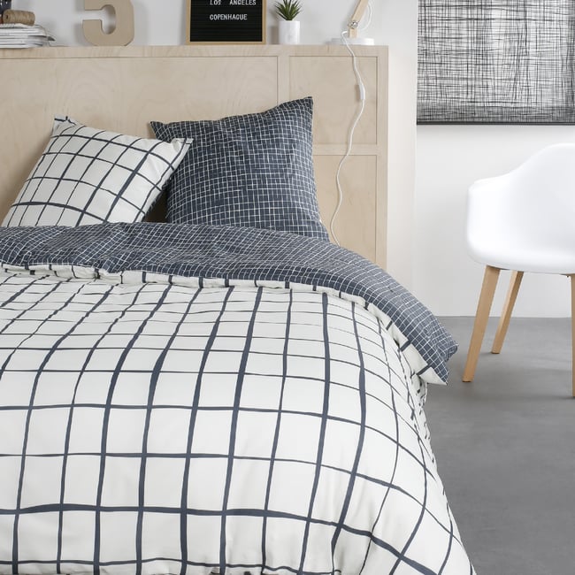 Parure de lit coton zippée 2 personnes imprimé graphique MAWIRA blanc <span itemprop=
