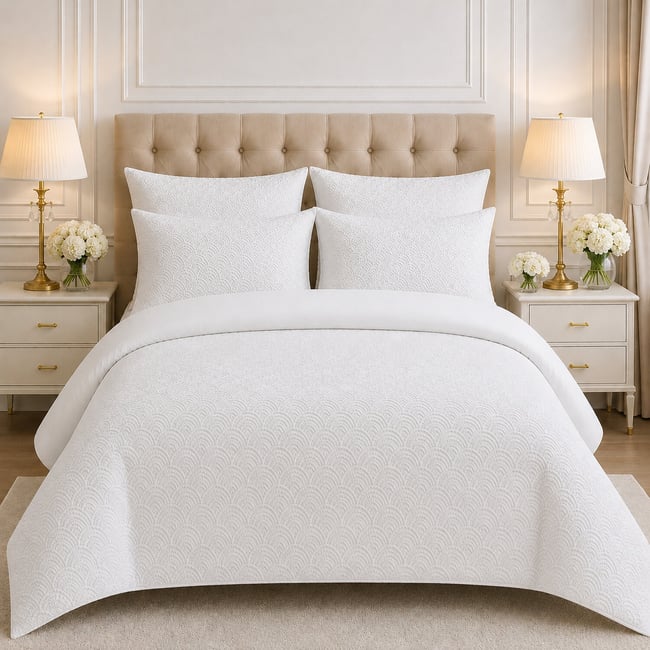 Parure de lit microfibre jacquard effet éventails blanc, TILA blanc <span itemprop=