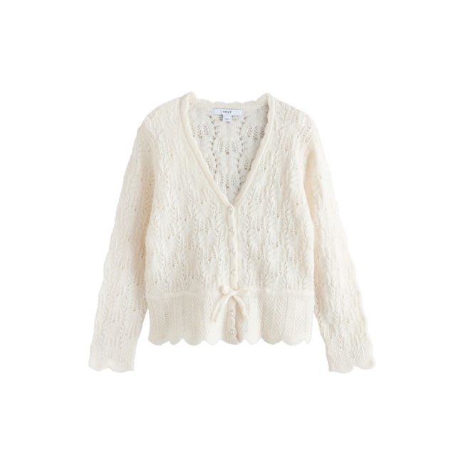 Cardigan en maille pointelle noué à la taille écru <span itemprop=