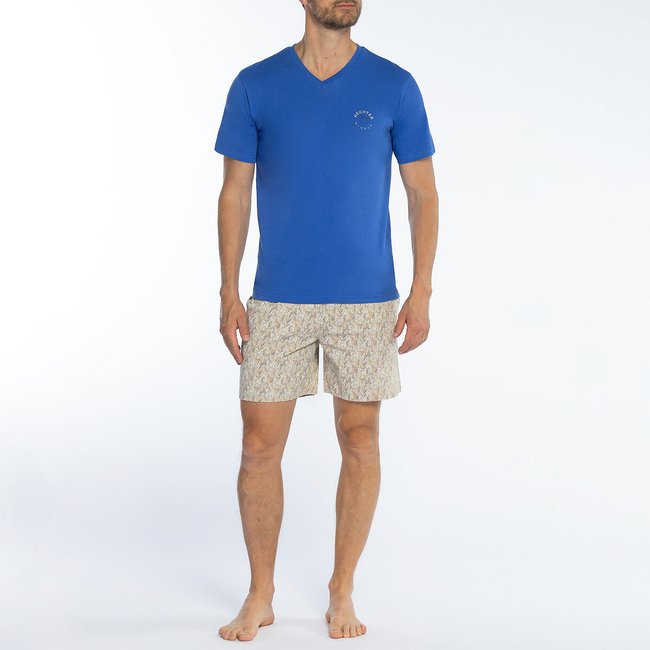 Pijama com decote em V azul + estampado <span itemprop=