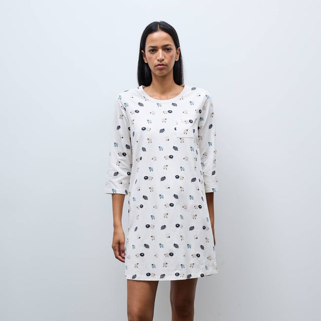 Chemise de nuit manches 3/4 imprimée en coton BIO GOTS ecru <span itemprop=