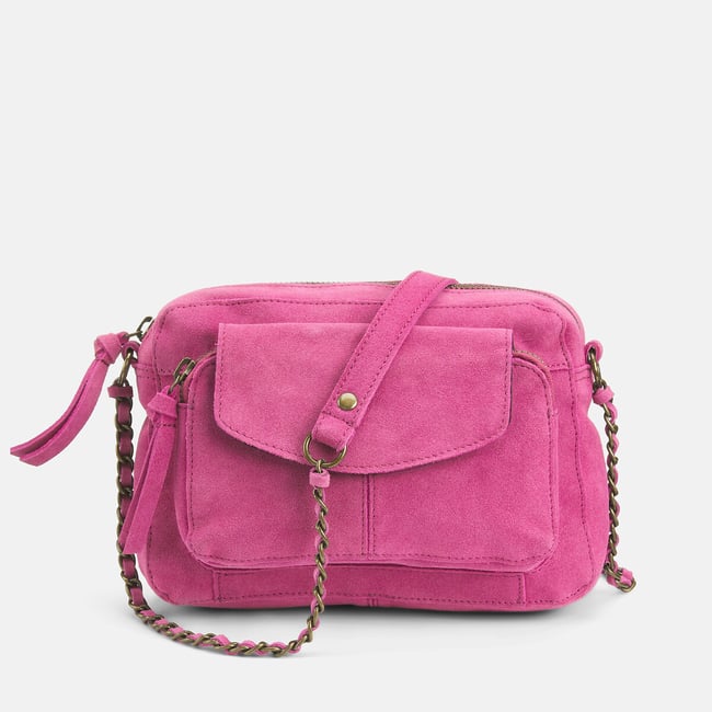 Petit sac à main Naina en cuir suède rose fuchsia <span itemprop=
