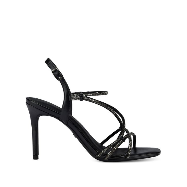 Sandaletten mit Stiletto-Absatz und Strassbesatz schwarz <span itemprop=