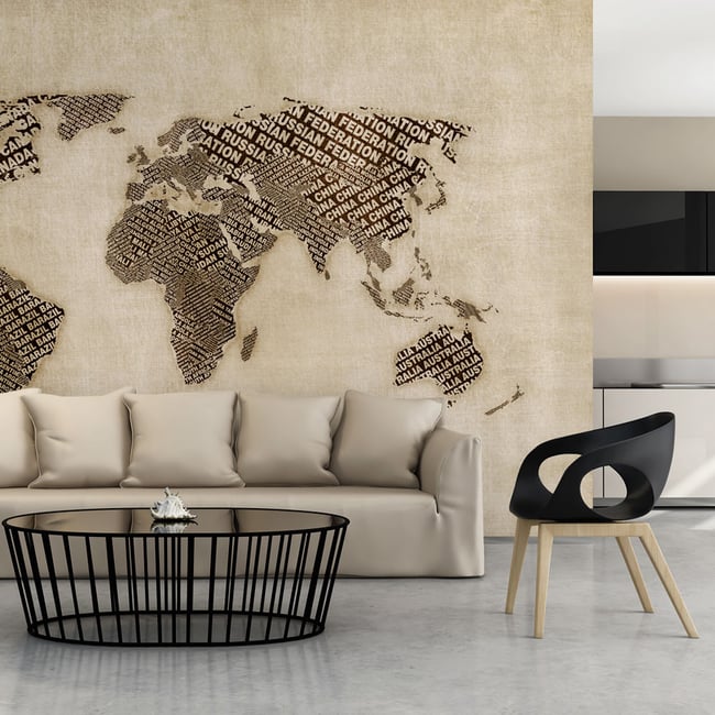 Papier peint intissé panoramique Carte du monde Age of discovery Couleur beige <span itemprop=