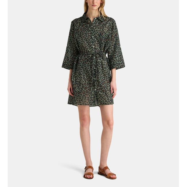 Robe chemise ora léopard coton bio kaki et marron <span itemprop=