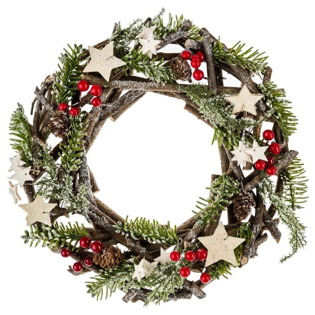 Couronne avec branches et étoiles 30 cm bois Couleur multicolore <span itemprop=