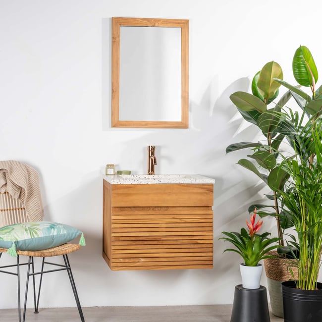 Meuble salle de bain en teck et terrazzo crème Aktual 60cm Couleur crème <span itemprop=