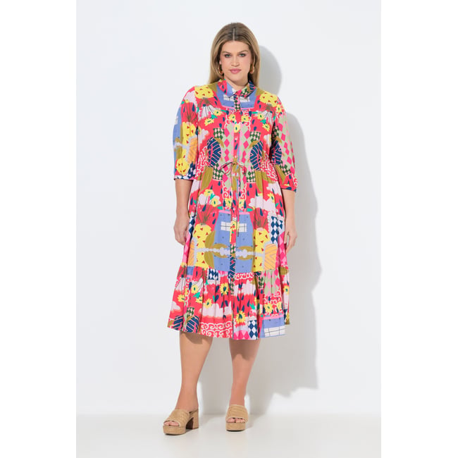 Robe midi motif vacances rose vif <span itemprop=