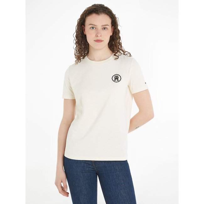 T-shirt de gola redonda e mangas curtas bege <span itemprop=